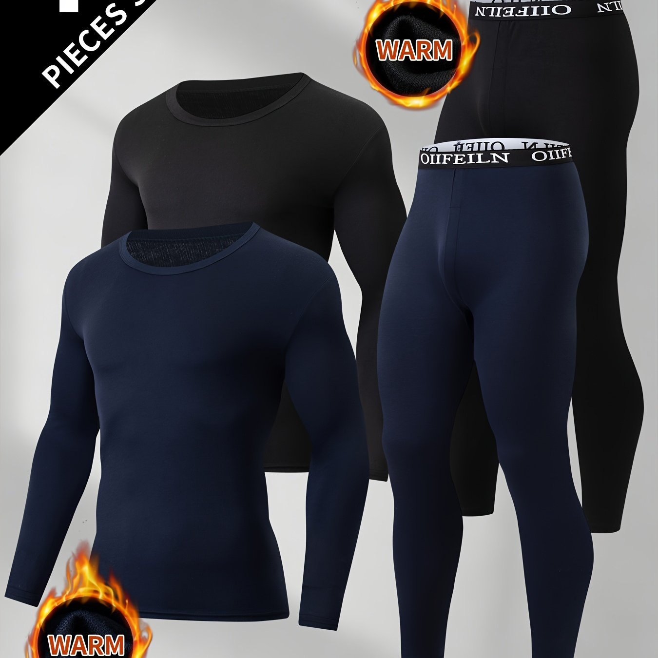 TEMU 4-delige thermische ondergoedset voor heren voor herfst/winter, casual thermische basislaag top en broek, T-shirt met lange mouwen + broek
