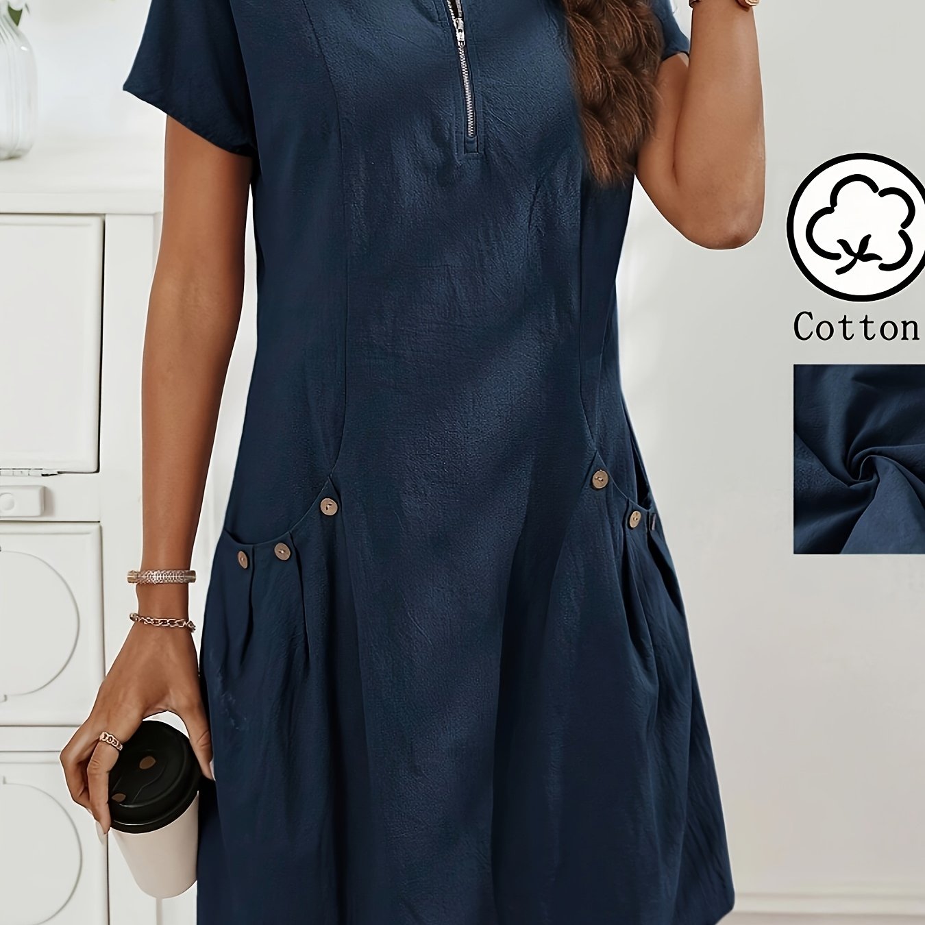 Women's Zipper Half- Button Detail Double-pocket Summer Casual Dress