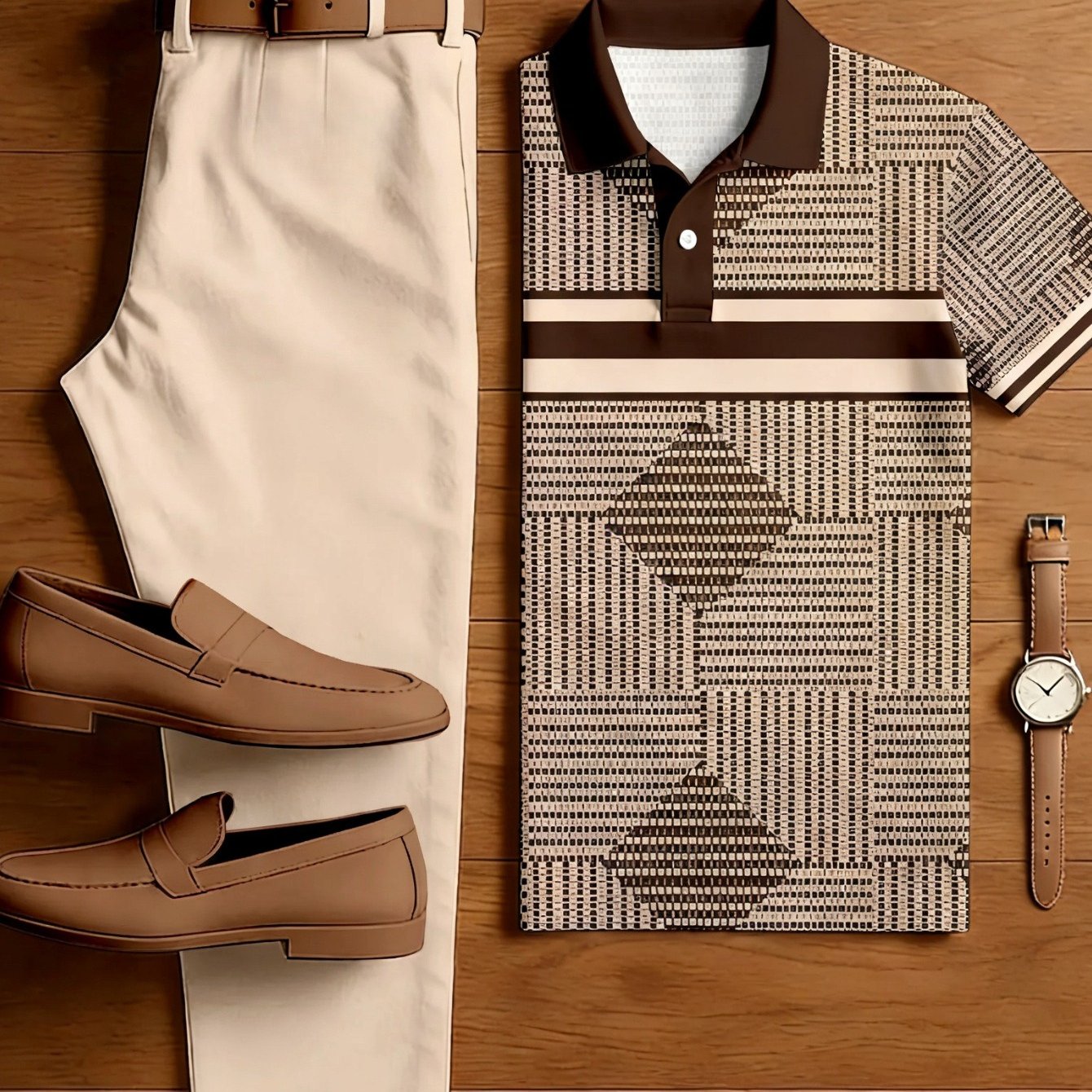 TEMU Nouveau costume de sport décontracté pour homme 2026, motif géométrique , chemise avec pantalon droit, haut à manches courtes rayé à texture et