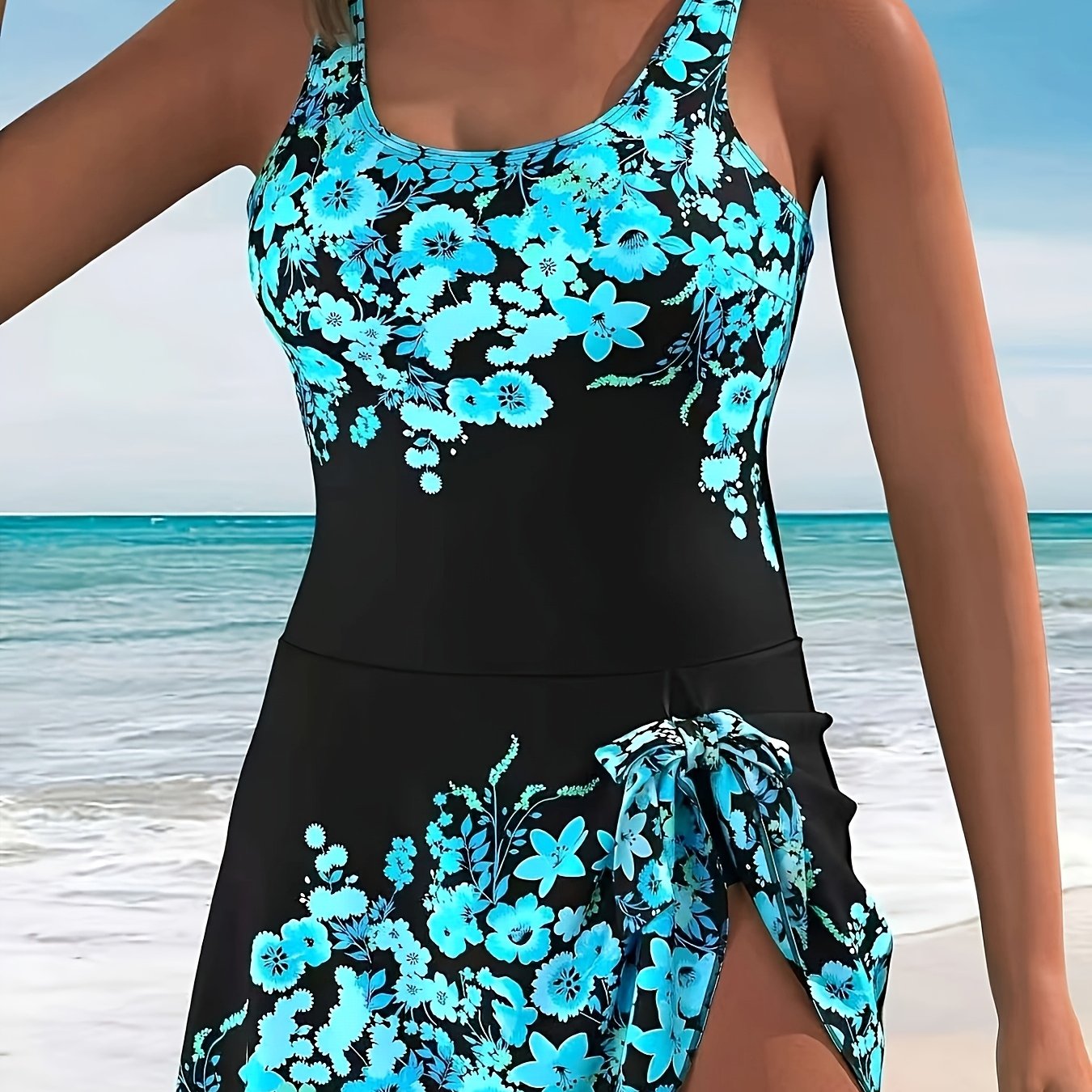 Image of Women's Plus Size Fashion Elegant Floral Print Bow One-piece Jumpsuit Swimsuit
