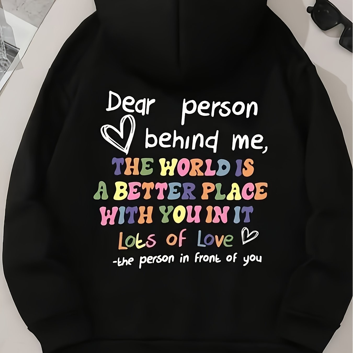 TEMU Black With Heart And Rainbow Text Print Suitable For Casual Wear And As A Romantic Gift Loose Fit With A Slimming Design Trendy Street Hip Hop