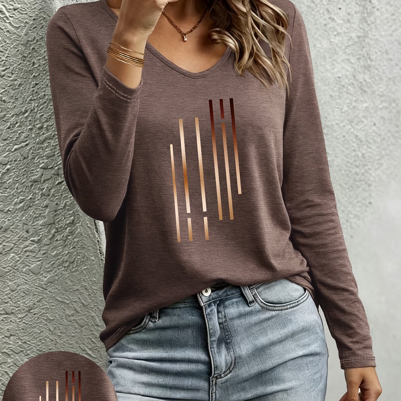 TEMU Women's V-neck Long Sleeve T-shirt With Geometric Line Pattern - Medium Stretch Suitable For Casual Outfits, Layering Base Layer, Machine