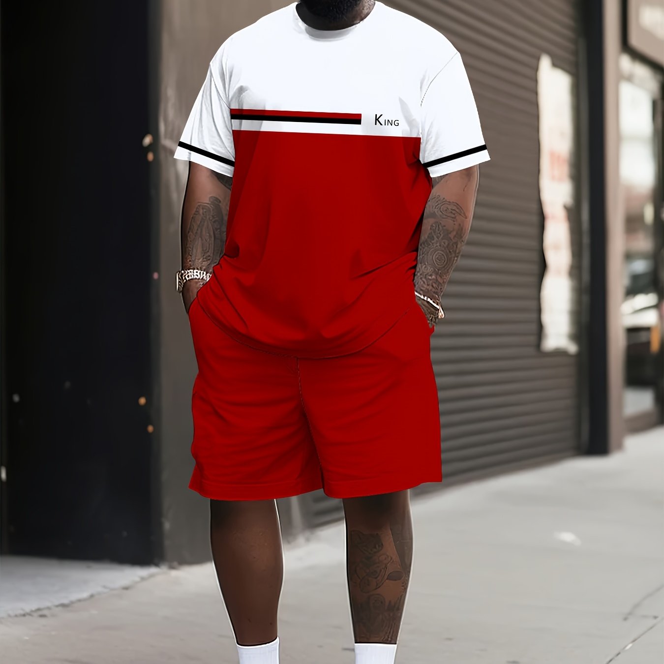 TEMU Large Size Men's Suit "king" Contrast Color Striped Pattern T-shirt - Casual Polyester Blend Round Neck Short Sleeve T-shirt Shorts, Machine