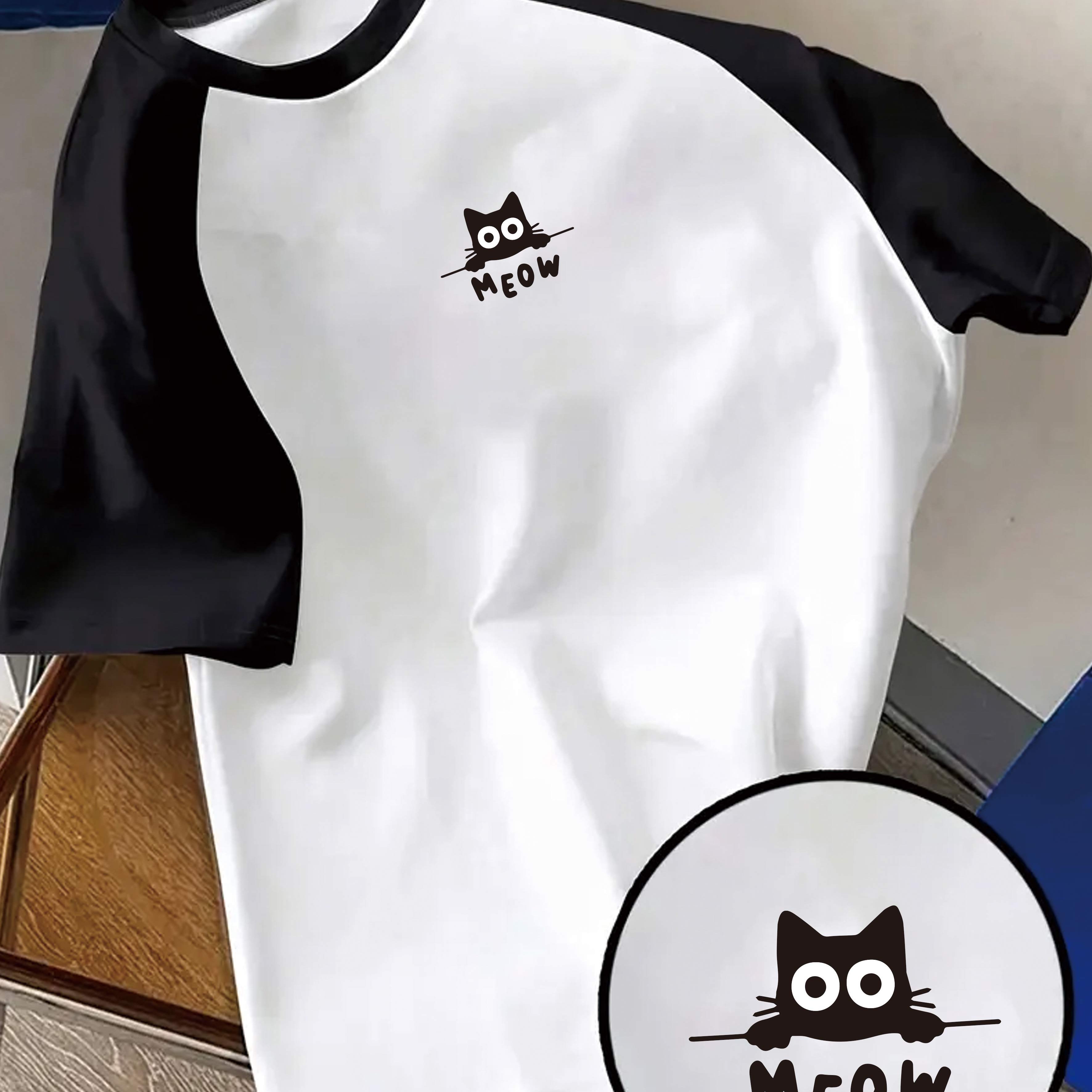 TEMU Japanese Minimalist Style Embroidered Off-shoulder T-shirt, Dual--blocking Versatile Short Sleeve, Soft Cute Cat Print! Dual-tone Contrast
