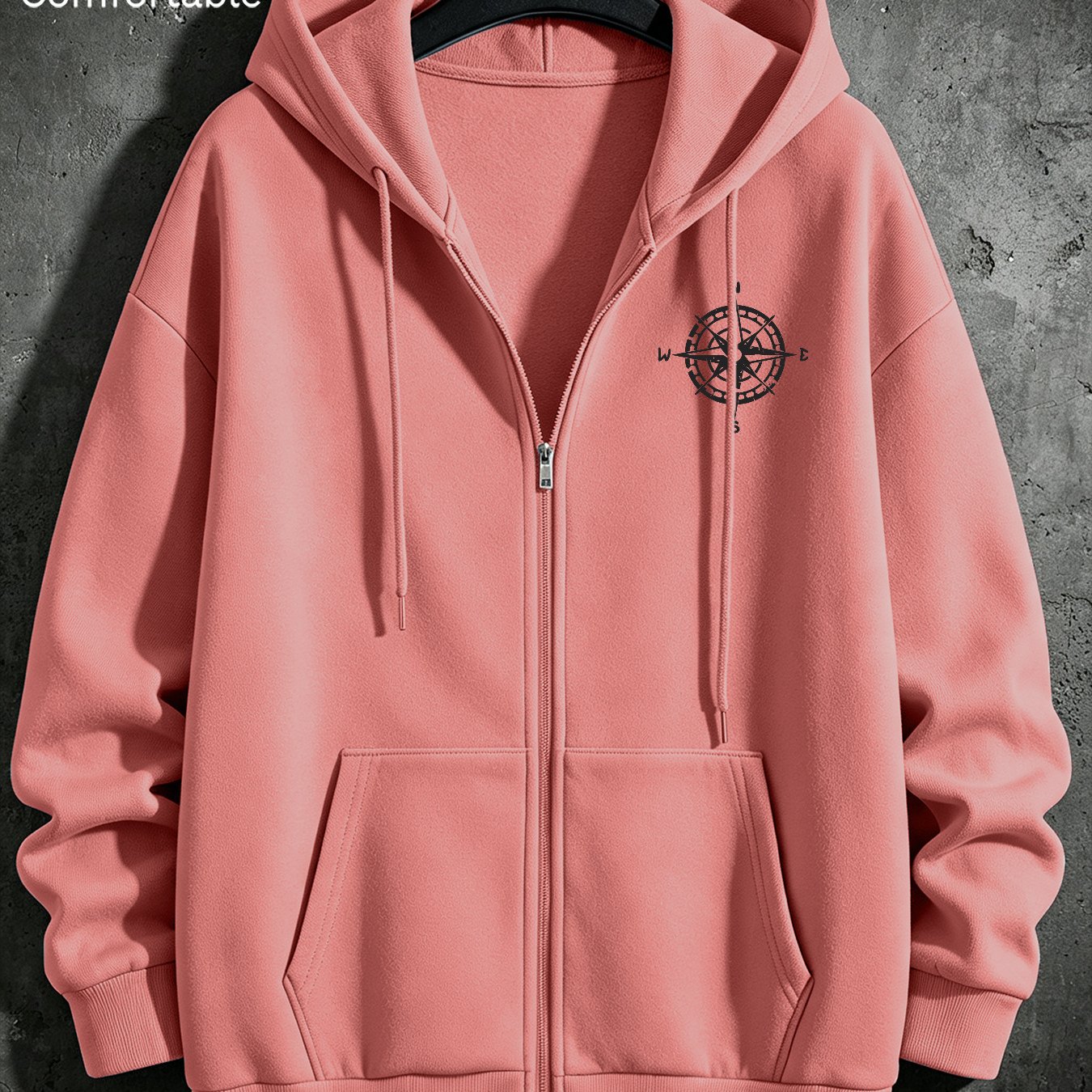 Image of Autumn Zip-up Hooded Sweatshirt With Compass Print Men's Lightweight Jacket Street Style Casual Long Sleeve Coat Loose Fit, Local Warehouse Shipping