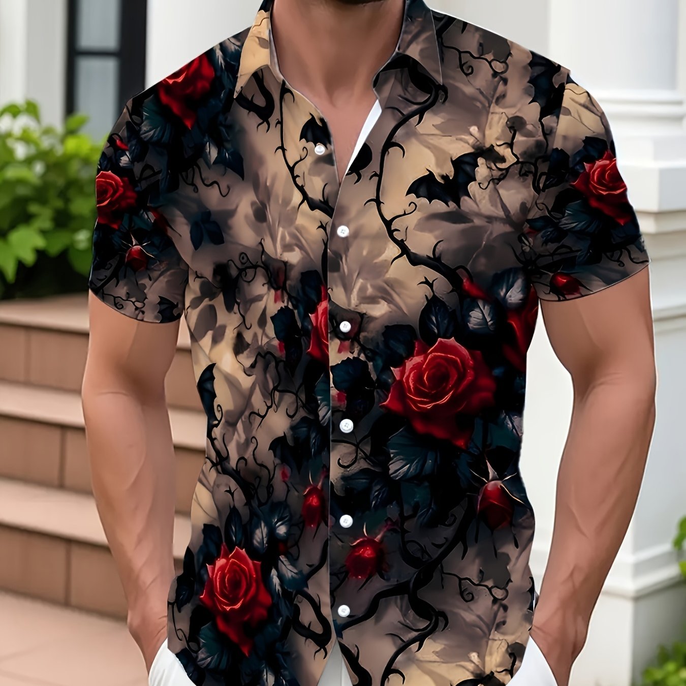 TEMU Camicia a maniche corte da con stampa di rose - Camicia hawaiana casual con bottoni, design unico, camicia casual, camicia - Vestibilit� slim -