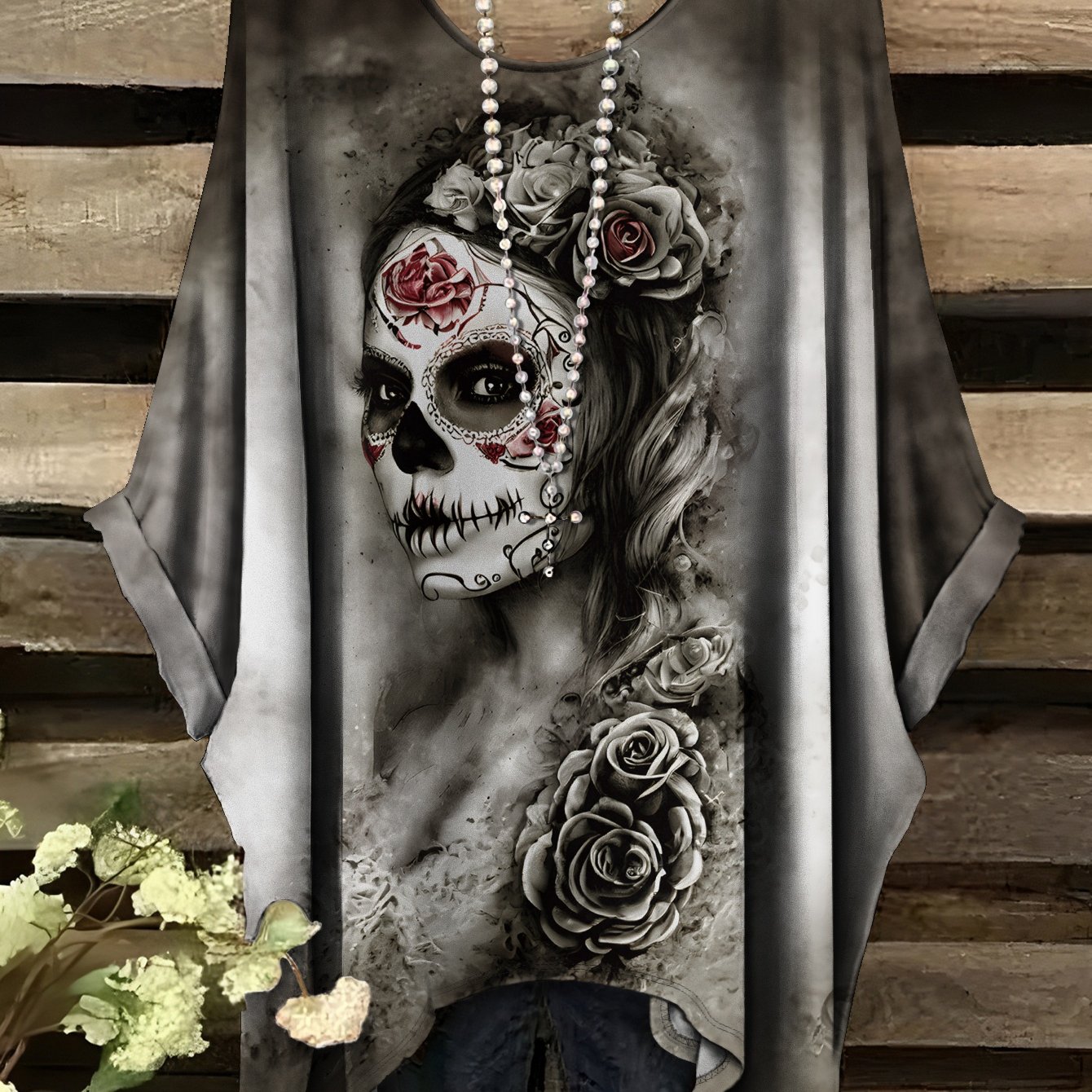 Plus Size, New Summer Size Women's Crew Neck Short Sleeve T-shirt In A Gray- Floral Print, Featuring A Hem For A Casual, Elegant, And , No Accessories Included