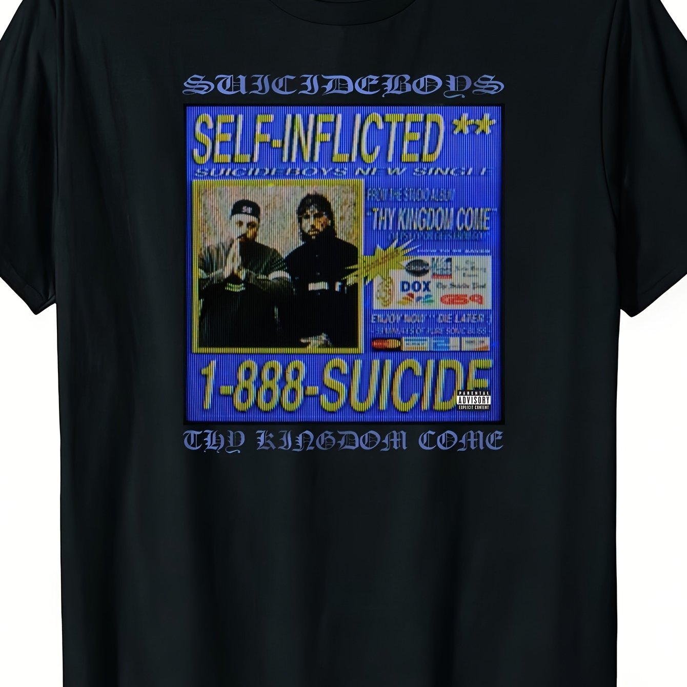 Image of Men's G59 Thy Kingdom Come Album 2025 Graphic T-shirt Official Band Merchandise Featuring Self-inflated Suicide Print With Japanese Text And 1 888 Suicide Phone Casual Round Neck Shirt For Men