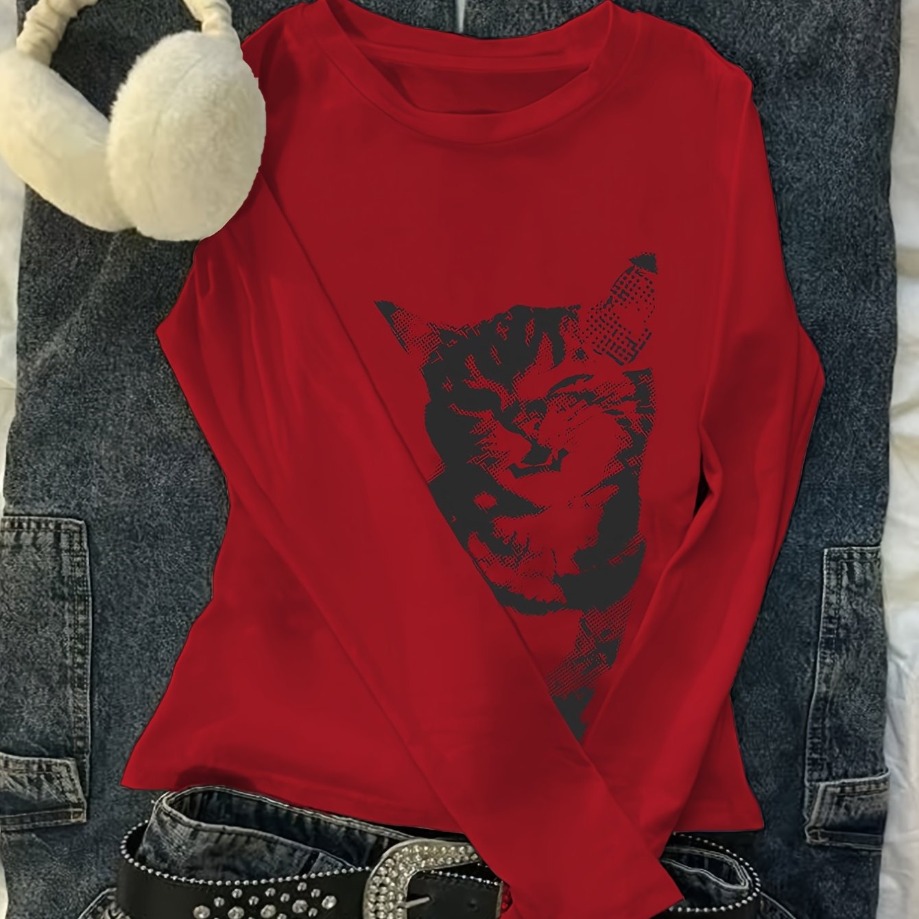 TEMU 2089-a Women's Casual Top, Fashionable Y2k Tilted Head Cat Pattern Print, Autumn And Winter Slim Fit Round Neck Long-sleeved T-shirt, Women's