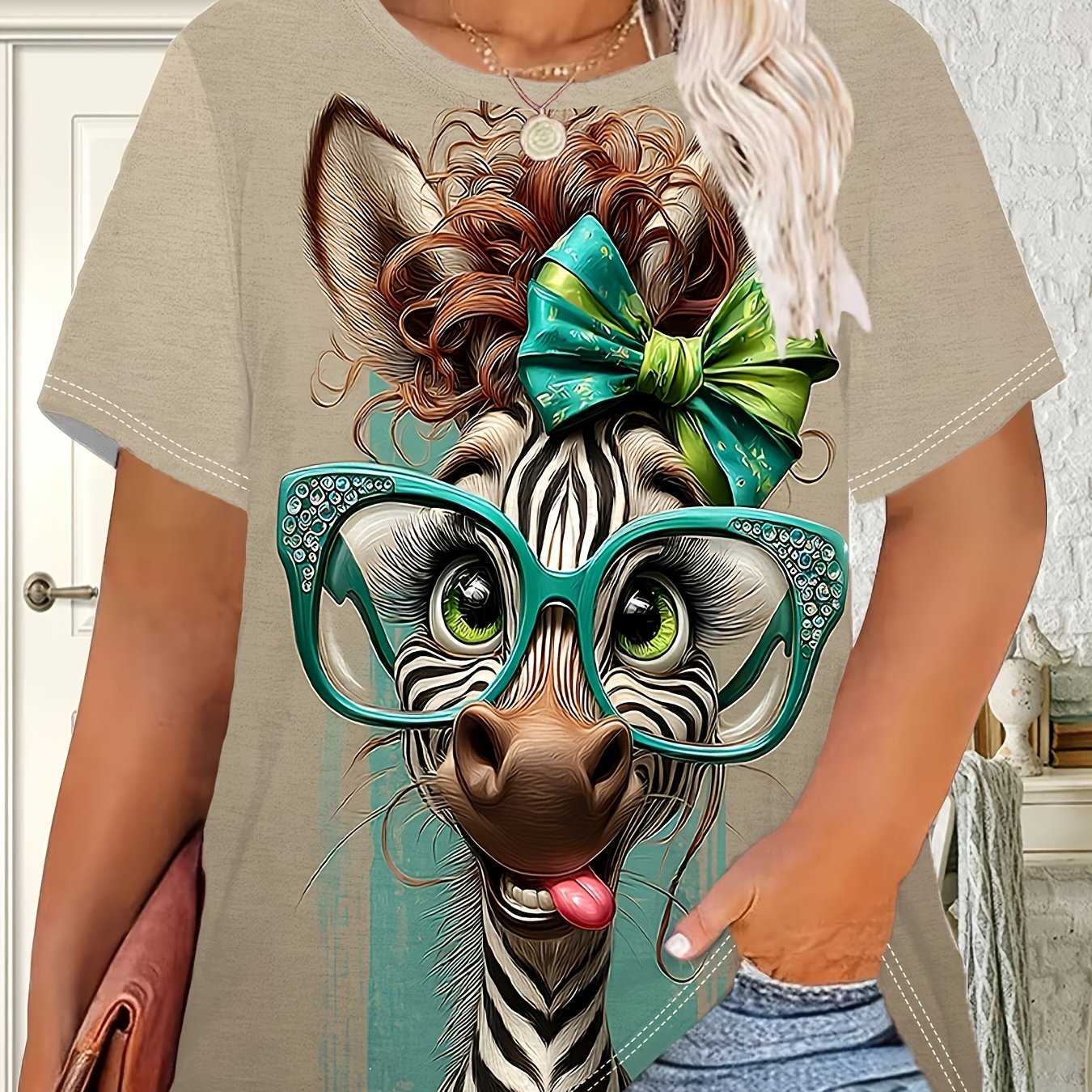 E-shop Damen-T-Shirt in Übergröße mit Cartoon-Zebramuster – Farbblock-Design, Freizeit-Top mit Rundhalsausschnitt, maschinenwaschbarer atmungsaktiver