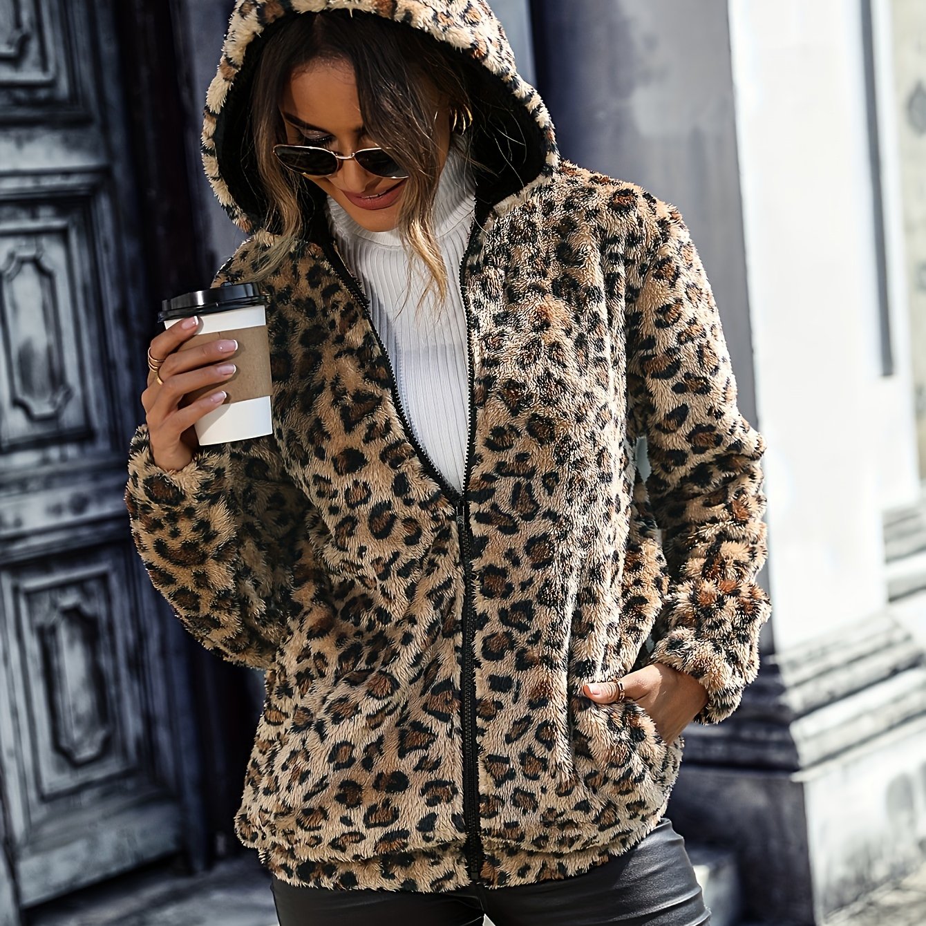 Plus Size, Autumn/winter Women's Hooded Long Sleeve Leopard Print -sided Loose Casual Plus Size Coat