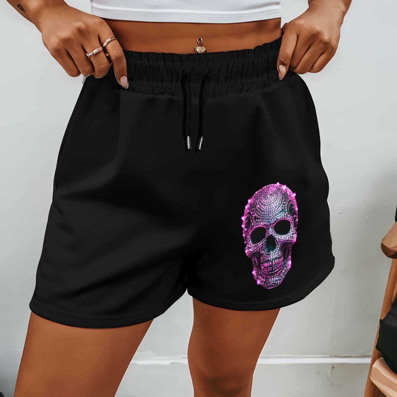 TEMU Plus Size - Plus Size - 2025 New Plus Size Women's Pink Diamond Skull Shorts For Summer - Casual And Versatile Medium Pants, Trendy American