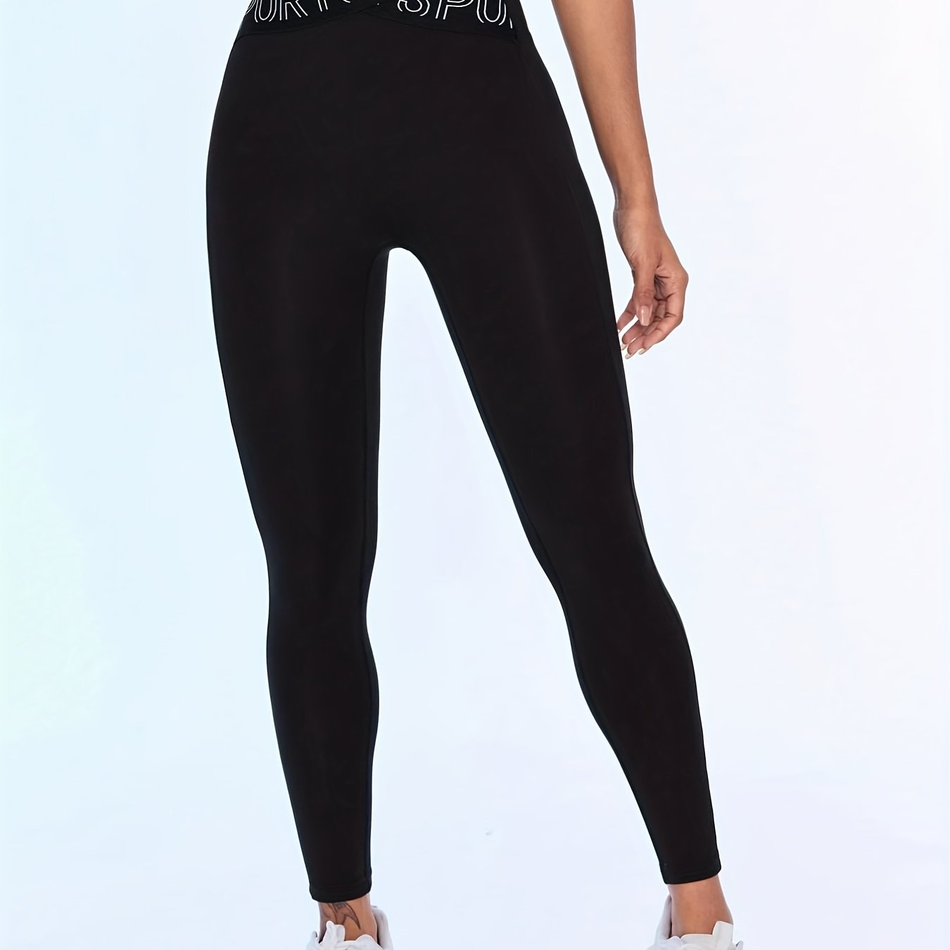 E-shop Damen Yoga Hose mit gekreuzter Taille und Buchstabenmuster - Hochtaillierte Bauchkontroll-Workout-Leggings mit Po-Lifting-Design, blickdichte