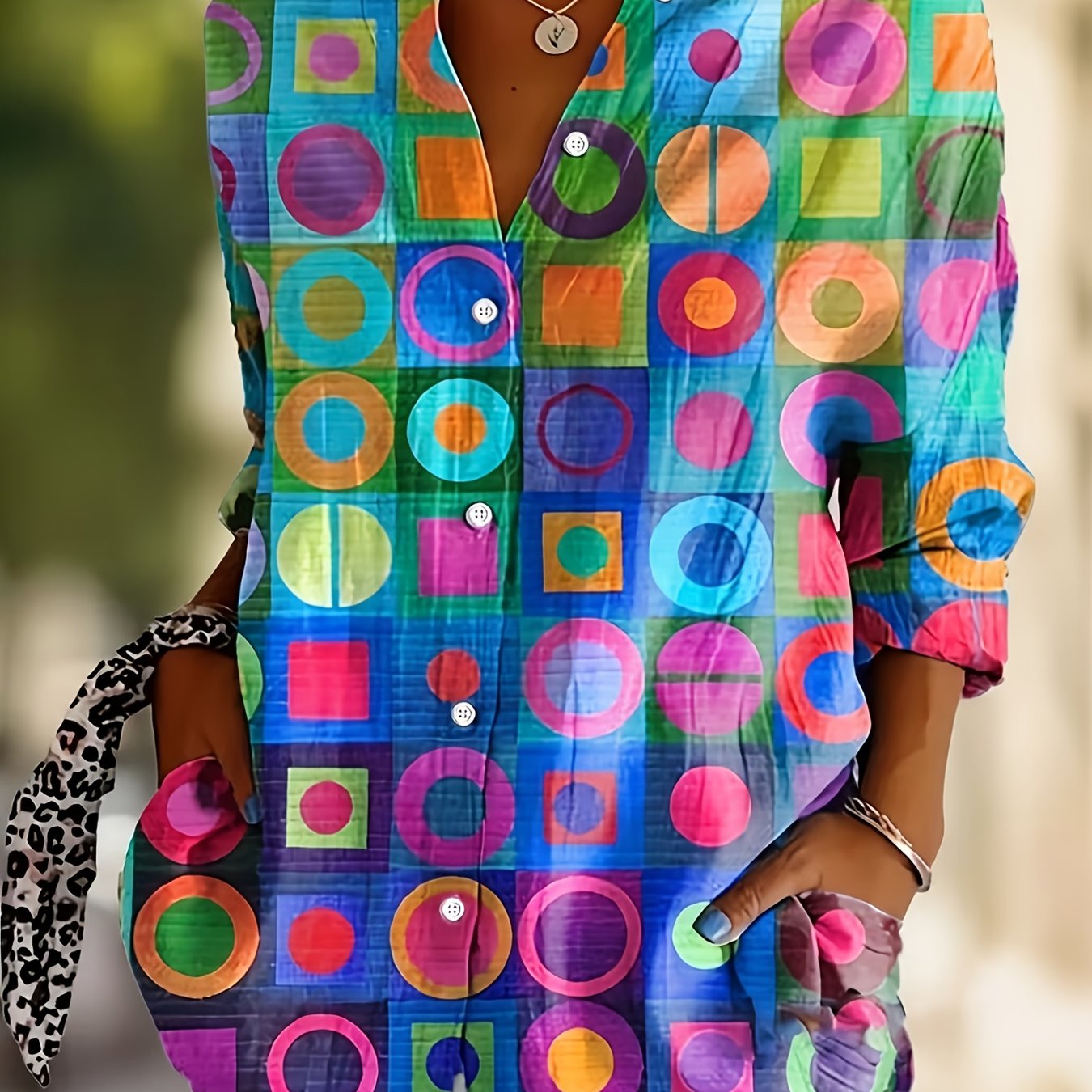 TEMU [printed Design â Not Textured] Colorful Graphic Collared Long Sleeve Shirt Spring Summer Fall New Single-button Blouse Women's Top, Machine