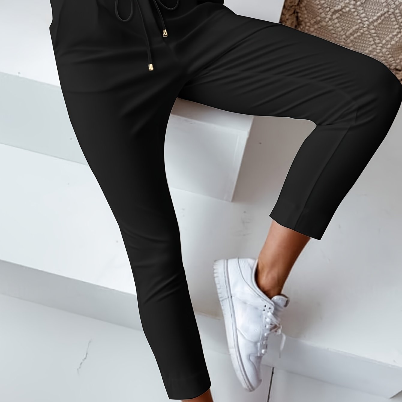 Autumn/ Commuter Solid Color Pocket Casual Eyelet Slim Fit Ankle-length Pants - Niannian