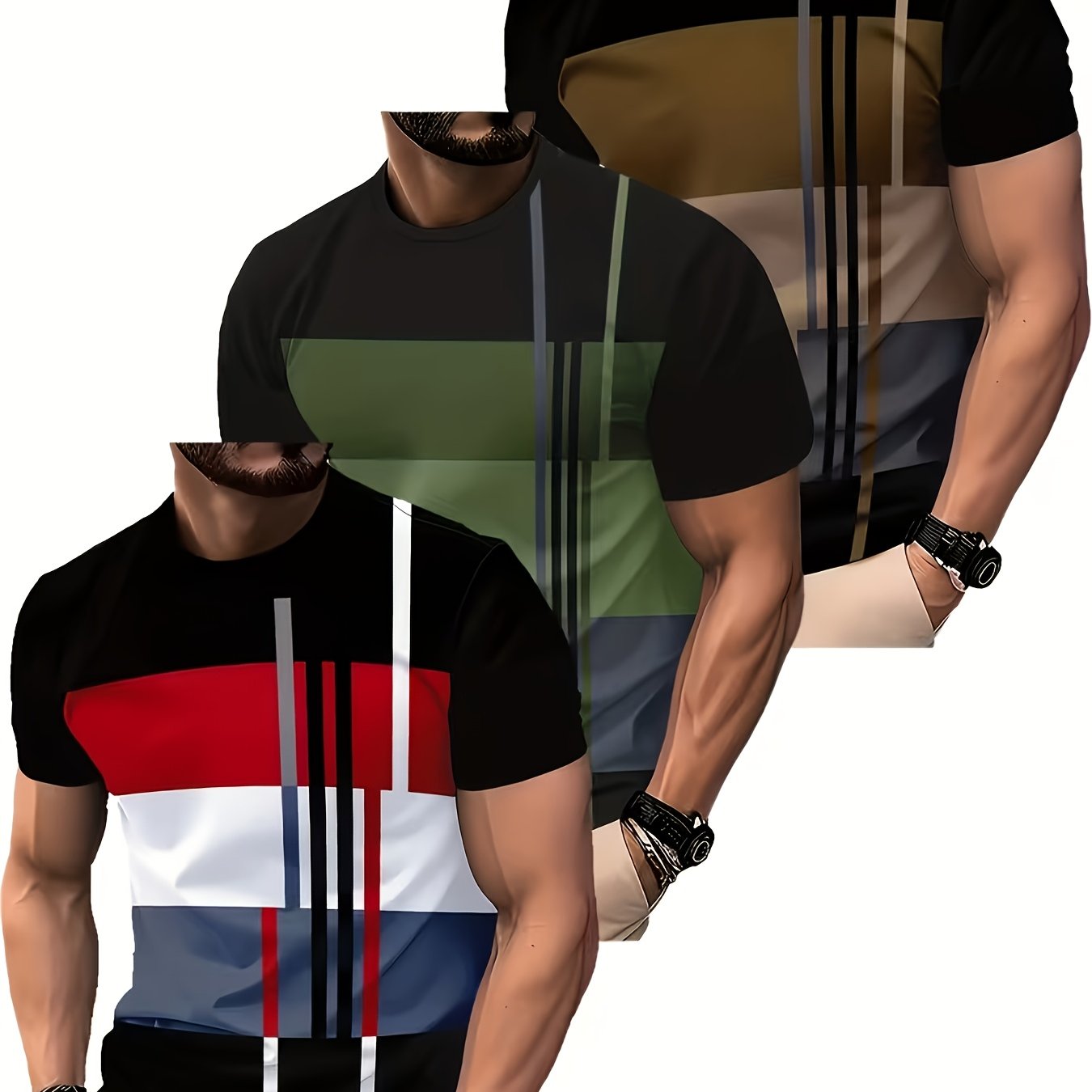 TEMU 3pcs Men's Moisture-wicking Breathable Short-sleeve T-shirts | Color Block Round Neck Athletic Tees Suitable For Gym, Training, Casual Wear &