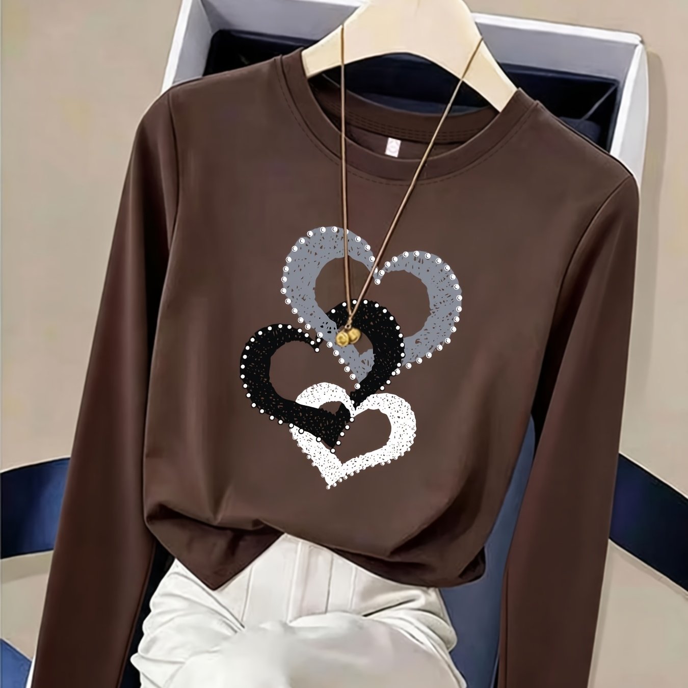 TEMU Spring, Autumn, Winter Simple Round Neck Fashionable Loose-fit Versatile Casual Long-sleeve T-shirt For Women, Printed Inner Layer Base Tee