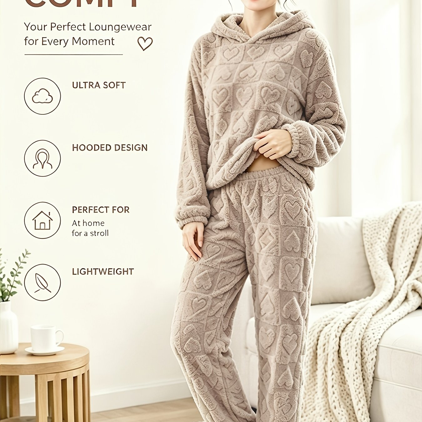 TEMU Ensemble 2 pièces d'automne-hiver pour femmes, vêtements chauds et fins en , ensemble de détente en , pull à capuche et pantalon à manches