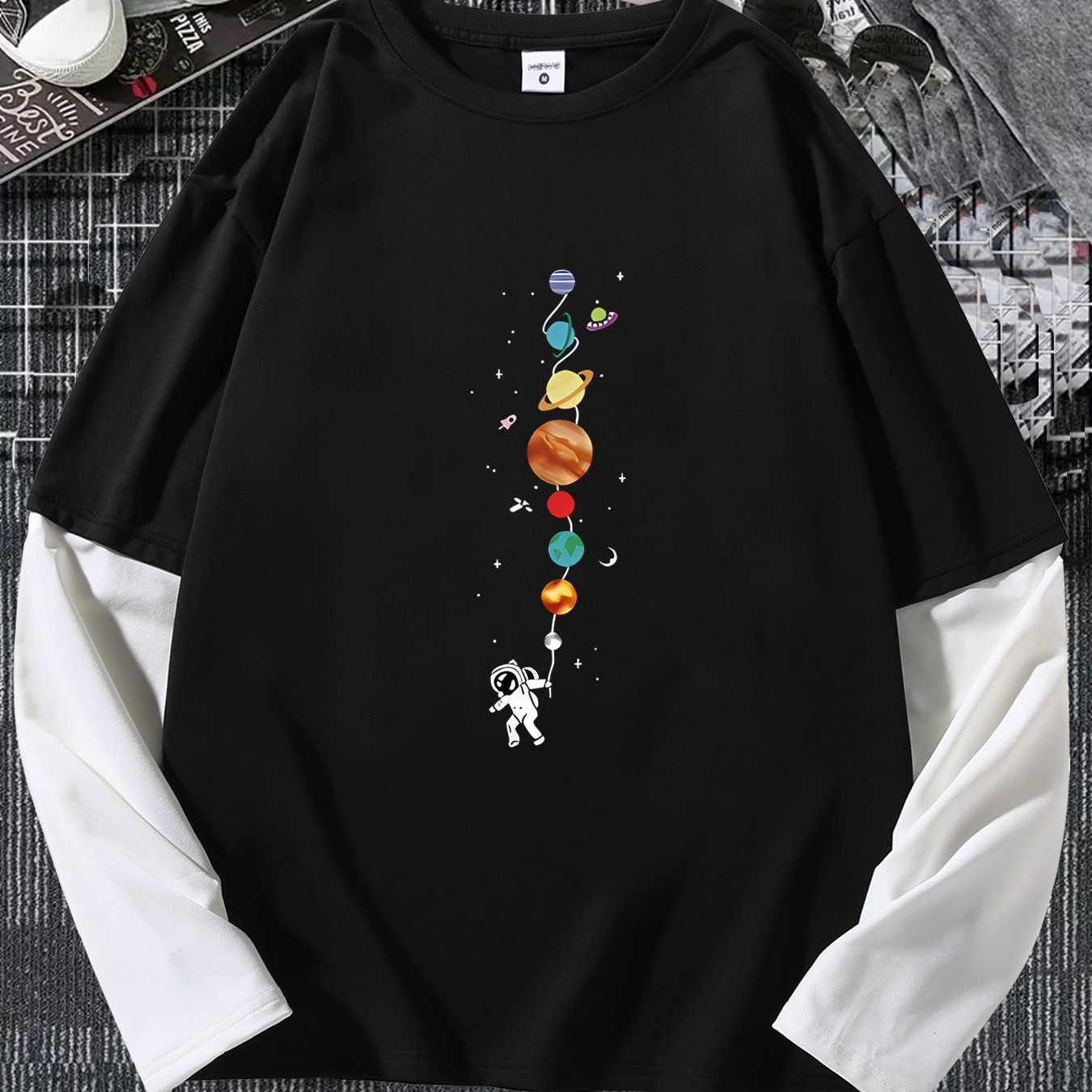 TEMU Men's Casual Long Sleeve Crew Neck T-shirt With Astronaut & Print â Loose Fit Polyester Knit Fabric With Stretch, Graphic Tee With Heat Transfe