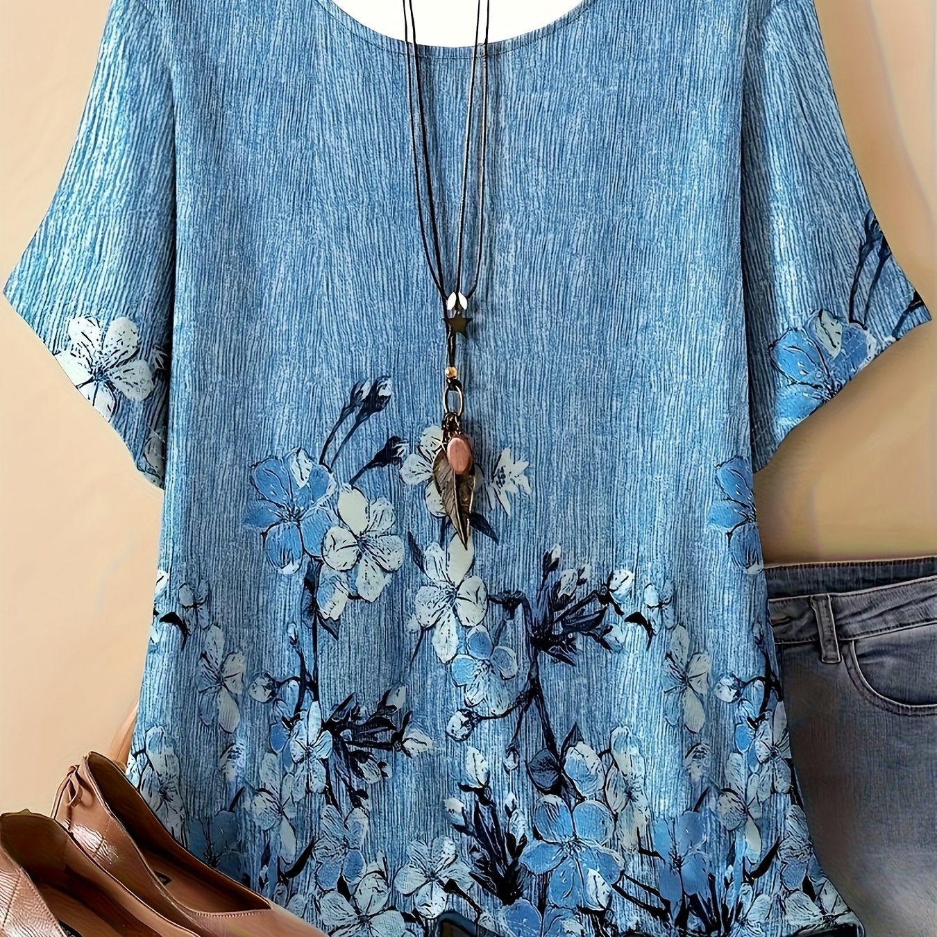 TEMU Women's Round-neck T-shirt With Light Blue Textured Base And Floral Print, For Casual Wear