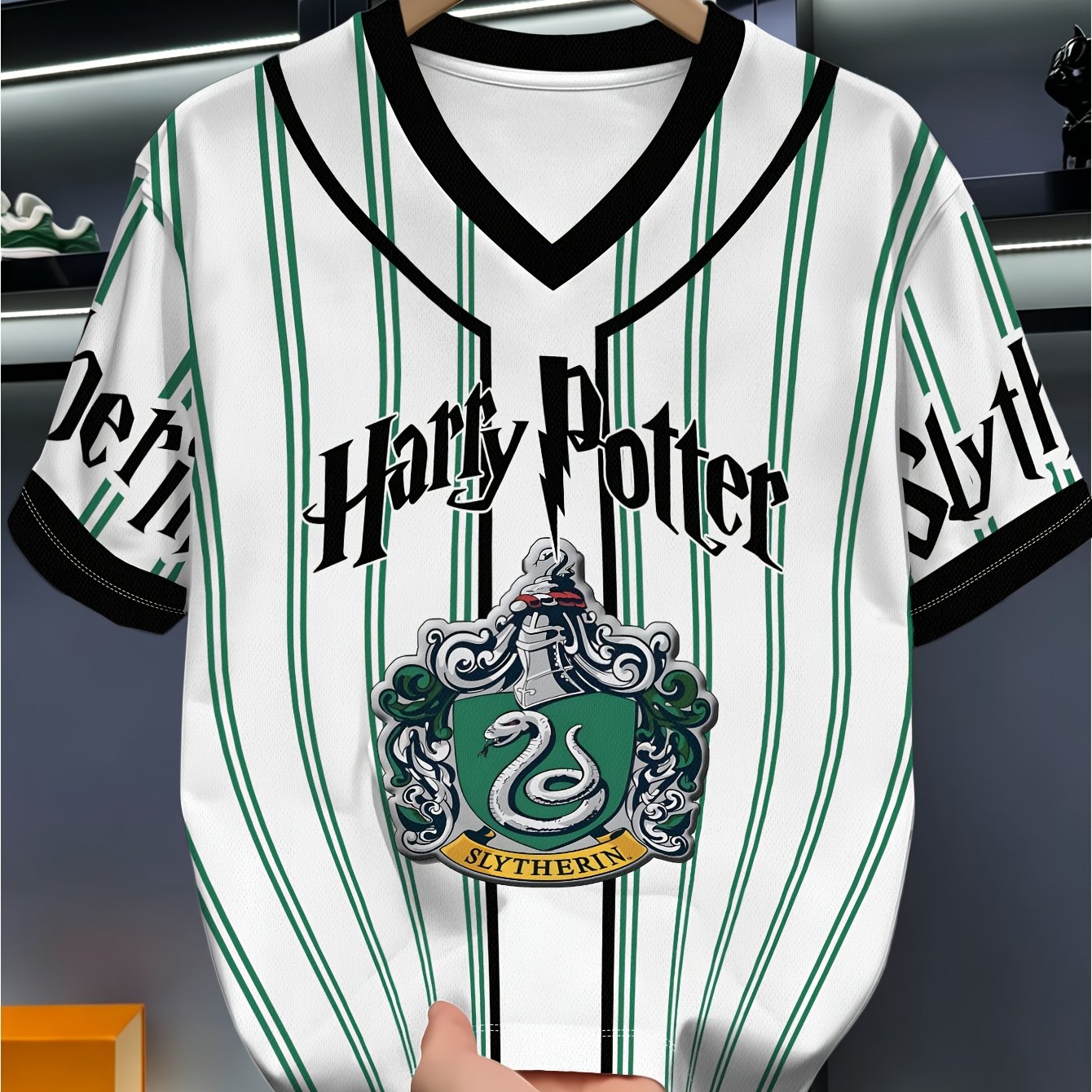 TEMU Licensed Harry Potter Slytherin Snake White Green Striped V Neck Short Sleeve T Shirt Plus Size Men Refreshing Versatile Top Casual American