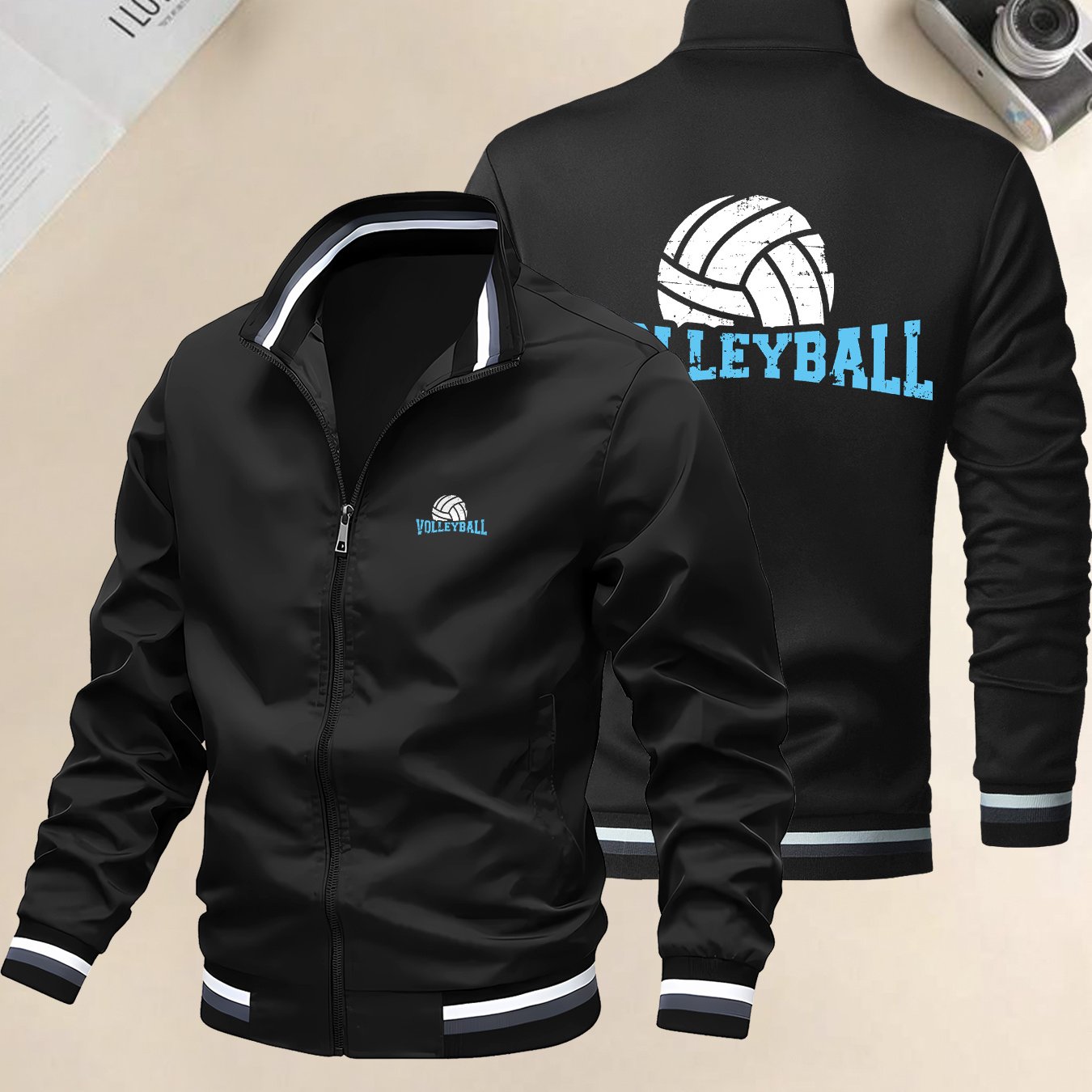 TEMU Men's Volleyball Jacket - Full-zip Closure, Black With Volleyball Graphic, Zippered Pockets - Athletic Outerwear For Volleyball Players, Gym,