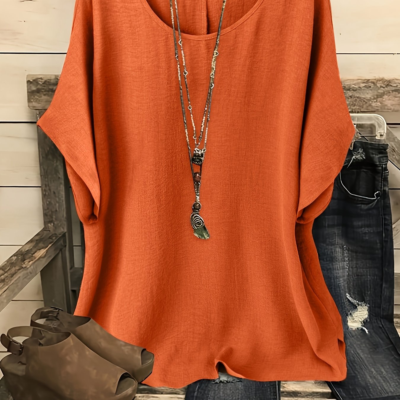 TEMU Plus Size, Plus-size Women's Casual Vacation Solid Color Batwing Sleeve Shirt