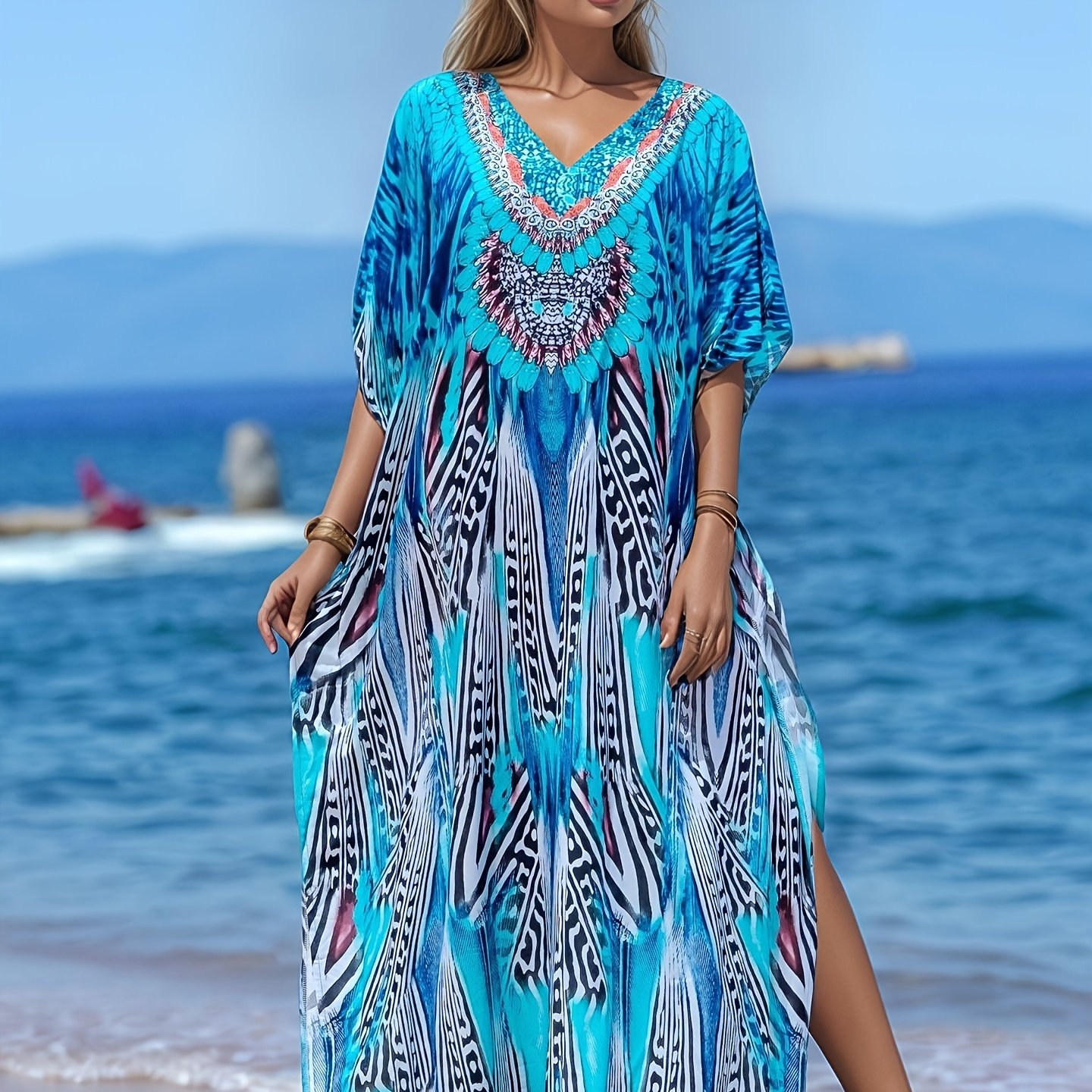 E-shop Caftan Kleid in großen Größen, eleganter Ramadan-Musterdruck, V-Ausschnitt, seitlicher Schlitz, lockeres, langes Cover-Up-Kleid,