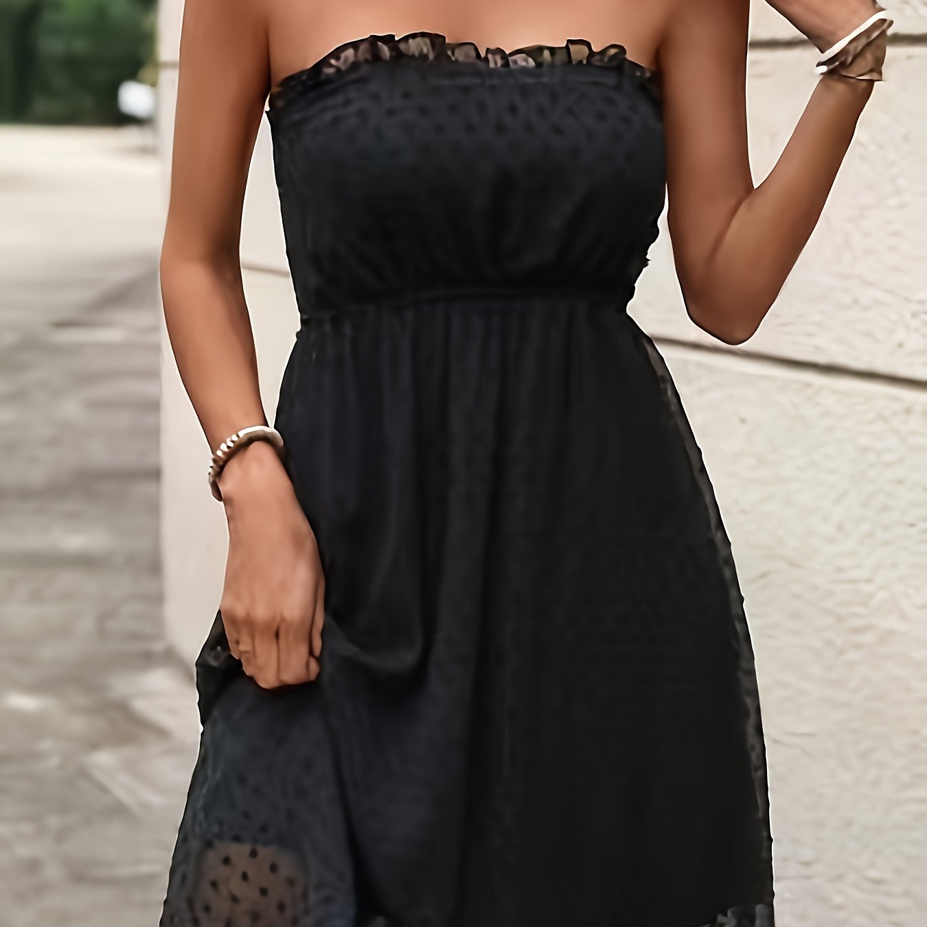 Image of Women's Black Embroidery Casual Slim Fit Bandeau One-shoulder Neckline Dress