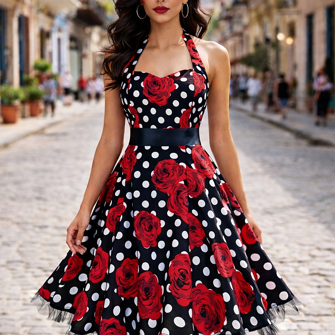 Image of Women's Fashion Dress, Polyester, Halter Neck, Polka Dot Pattern, A-line, , Adult, Woven Fabric