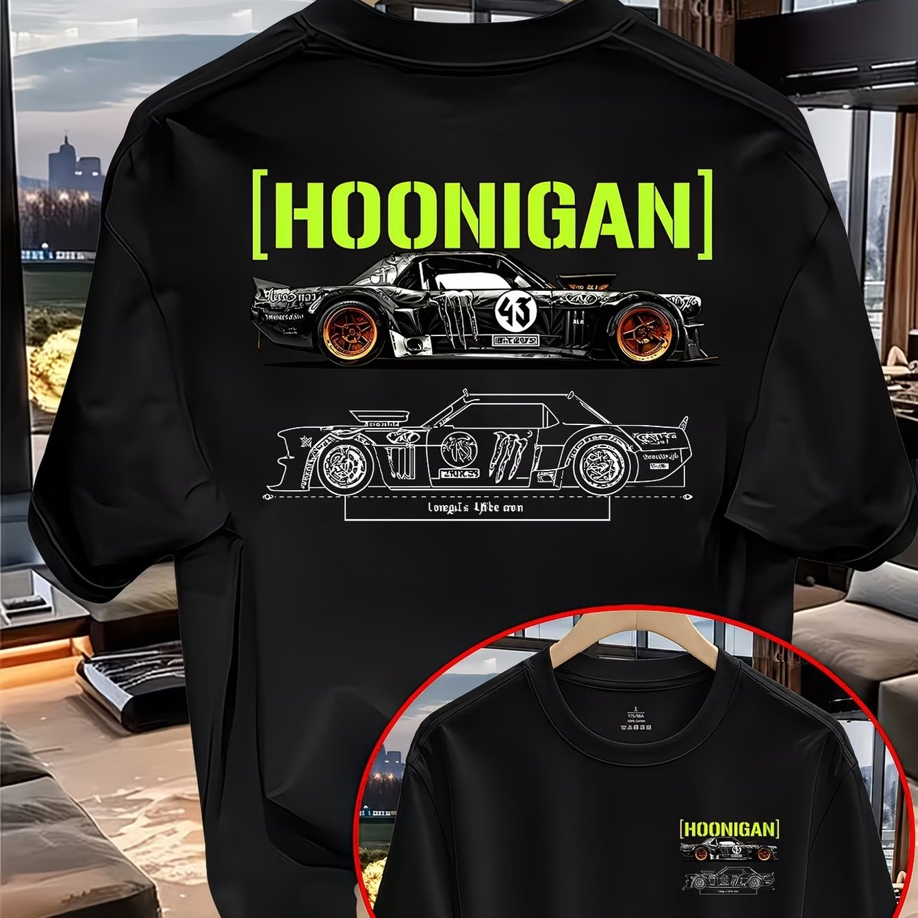 Image of Drifting Race Print Summer Men's T-shirt, Fluorescent Overlaid Double Layer Strong Memory, Mechanical Structure Details Fully Presented, Casual Fashion Versatile Short Sleeve Top, Plus Size