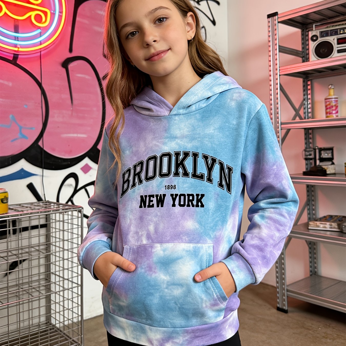 Image of Girls' Fashion Fall/winter Hooded Sweatshirt, Hand-tie-dye With Unique Texture On Each Piece, Chest Patch Pocket, Brooklyn Letter Print Pattern, City Name Pullover Hoodie