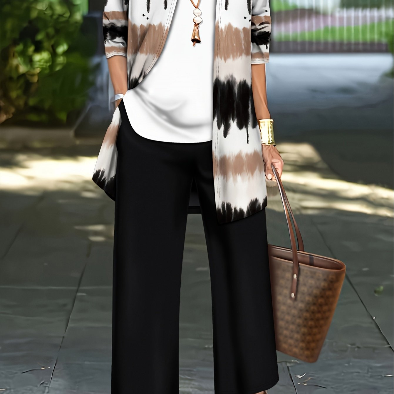 Image of Fashionable Plus-size Suit, Elegant Blazer, Long-sleeved Jacket, Vest Top, Wide-leg Pants, 3pcs Set For Spring And Summer Women's Wear--tie-dye Print--no Additions