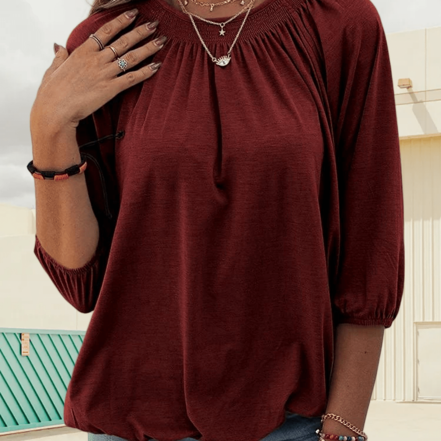 Image of Women' Pleated T-shirt | 3/4 Sleeve Crew Neck Loose Fit Casual Top, Solid Color, Long Length For Summer