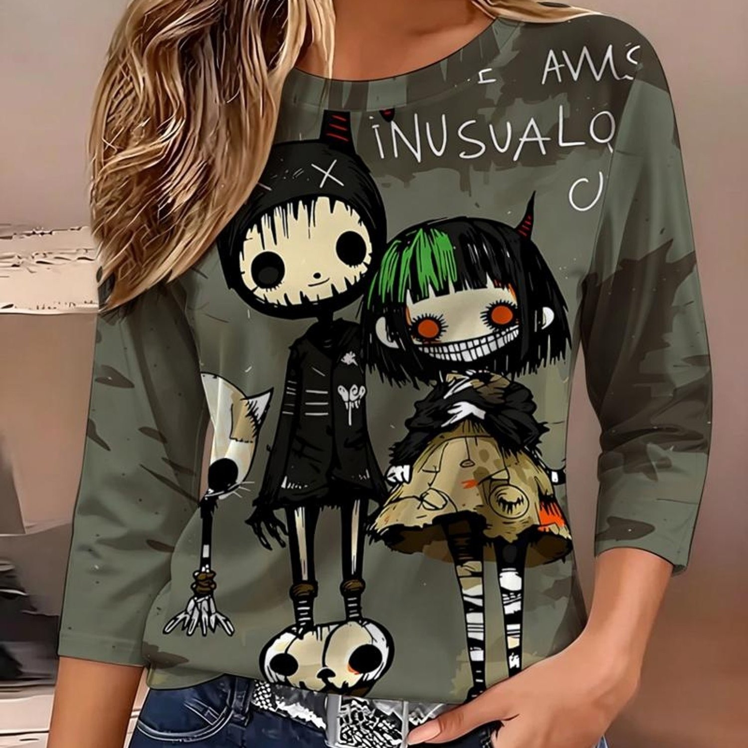TEMU Women's Fashion T-shirt, Mixed Colors, Multiple Specifications , Featuring Dark Whimsical Cartoon Characters, Suitable For Daily Wear, Stylish
