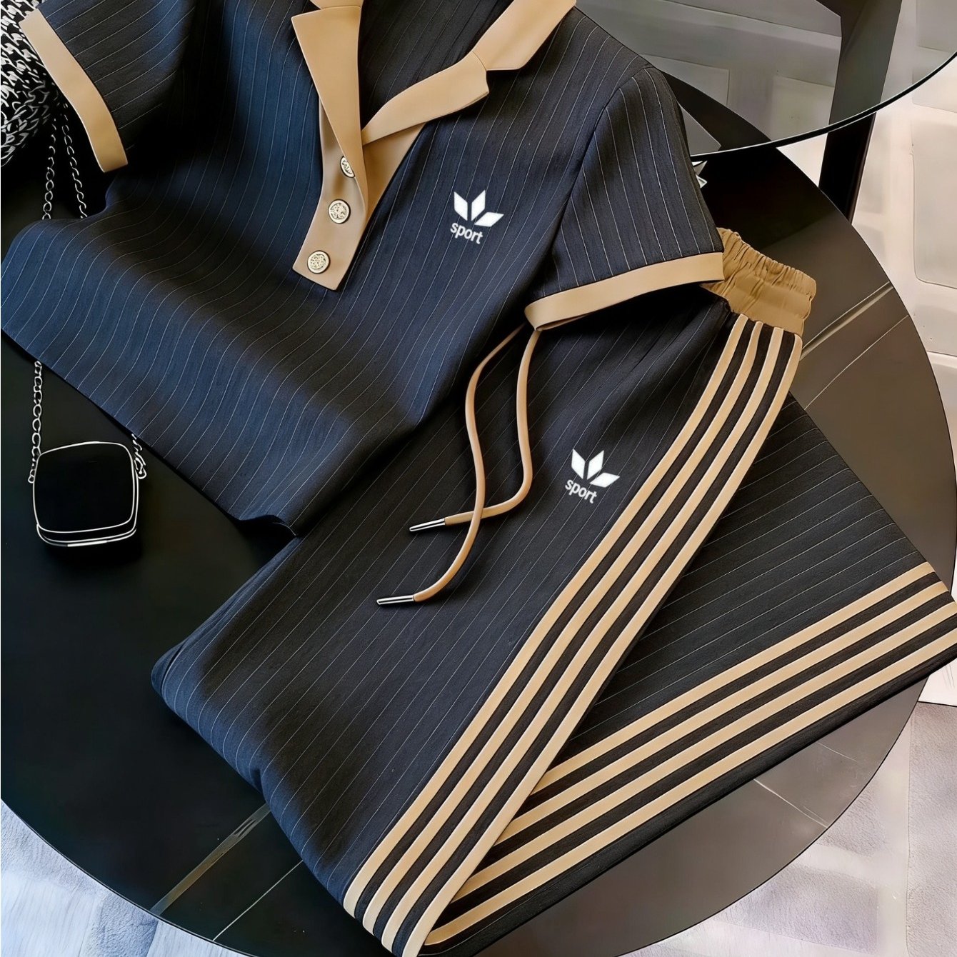 2026 New Arrival Two-piece Set: Unisex Sports Suit. Features A Short-sleeve V-neck Shirt And Matching Trousers, Accented With Solid-color Piping And Side Stripes. A Casual
