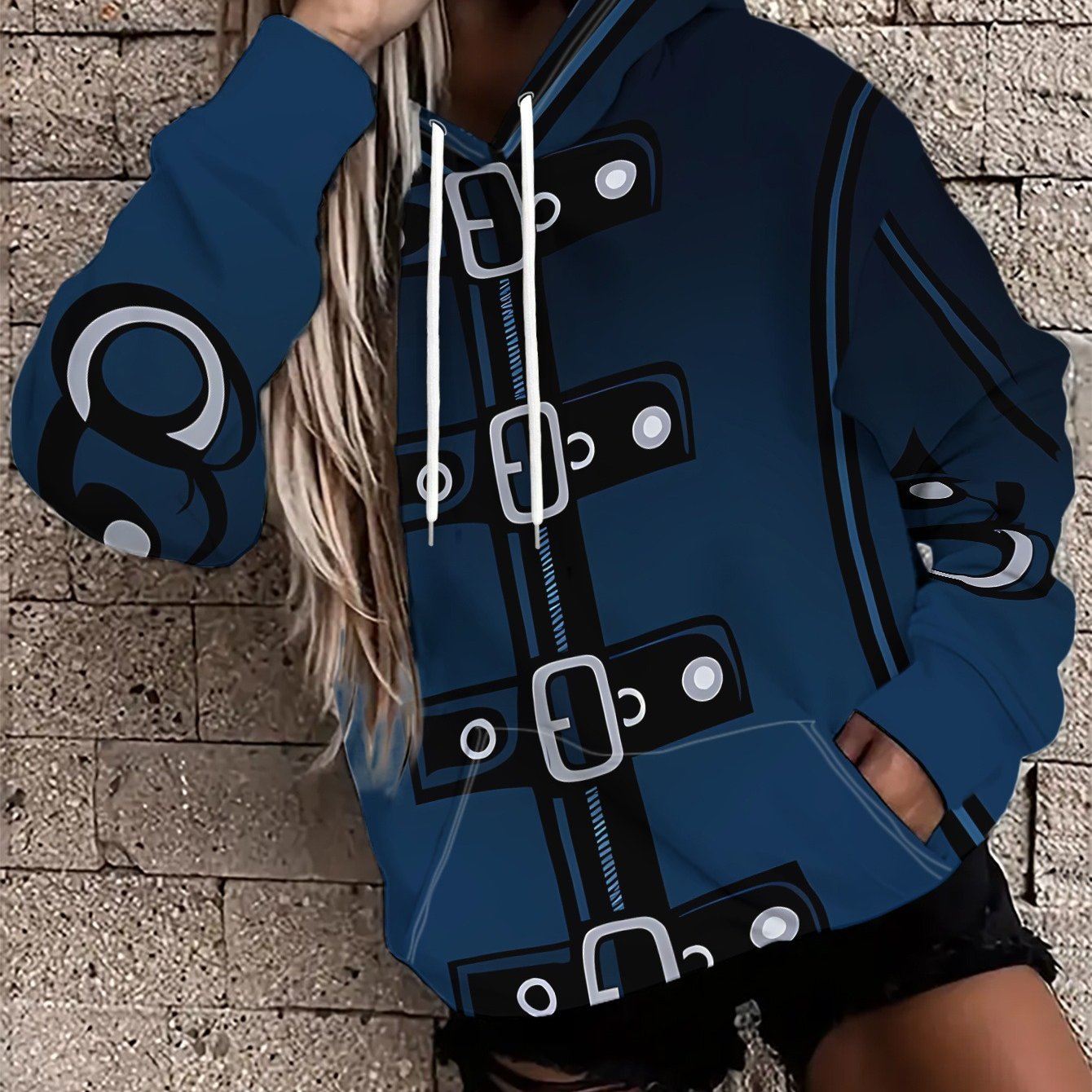TEMU Sweat à capuche décontracté et polyvalent pour femmes, vêtements bleu foncé, boucles métalliques au , avec des anneaux des côtés, . pour les