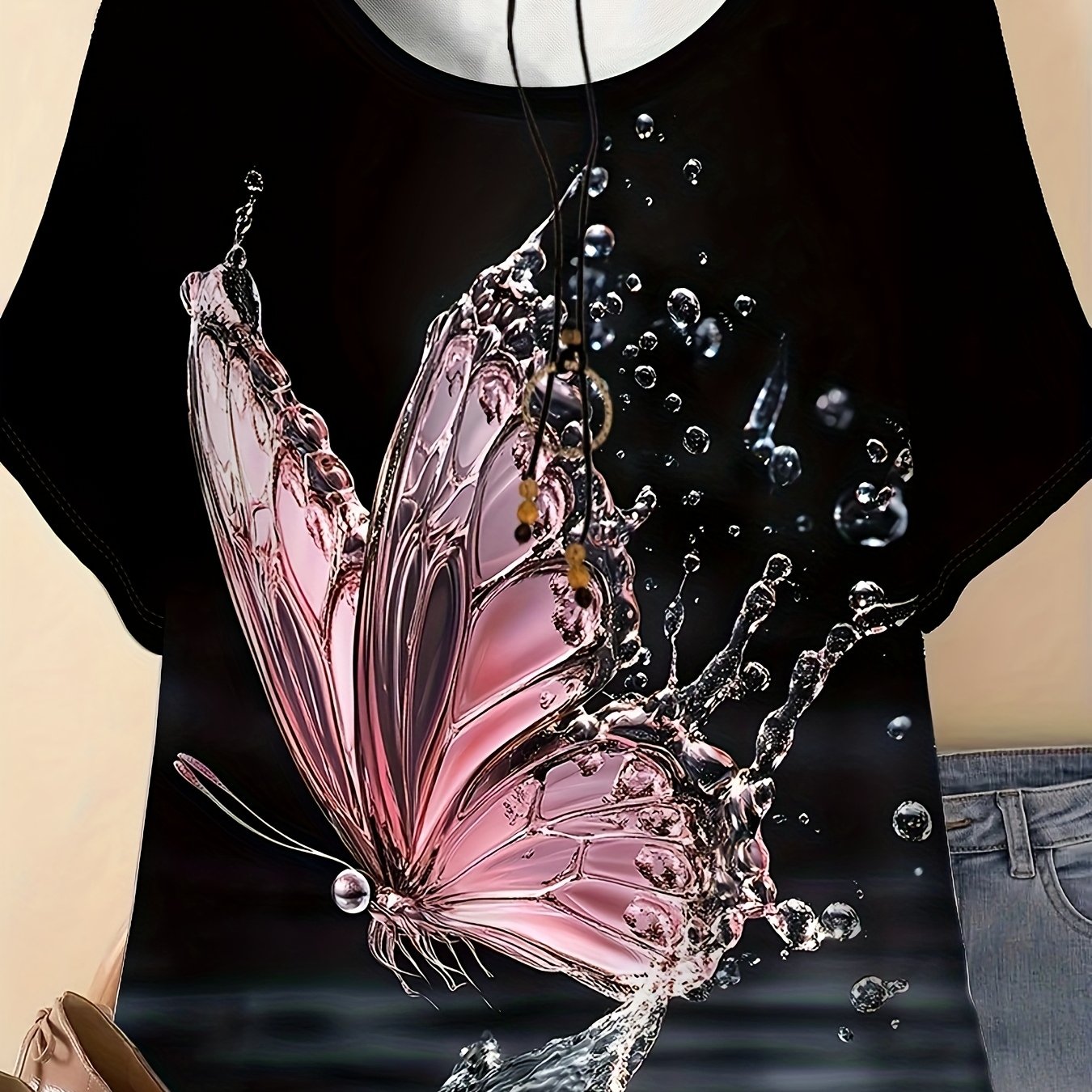 Plus Size, Women's Casual Short-sleeve T-shirt - Full-body Print, Soft Stretchy Crew Neck Top, Machine Washable Spring/summer/autumn Fashion Style, Versatile For , Artistic Pattern