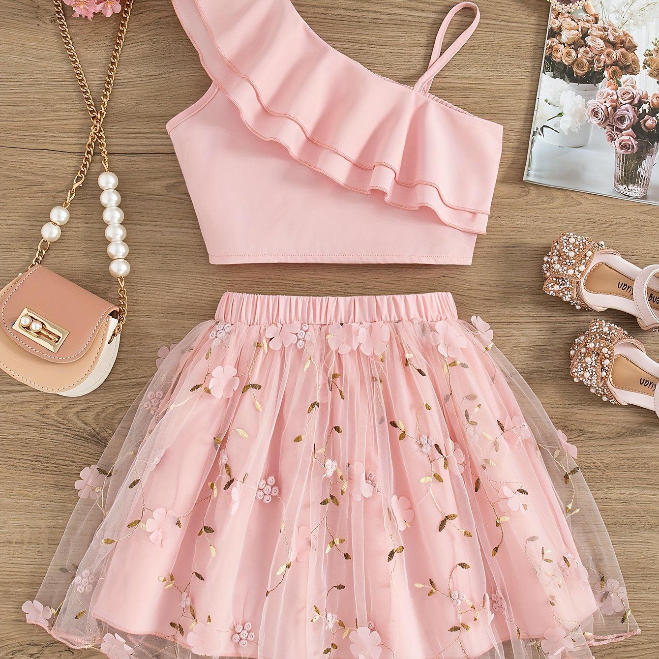 Summer Casual Outing Off-shoulder Sleeveless Solid Top And Mesh Skirt 2pcs Set Girls' Skirt Set