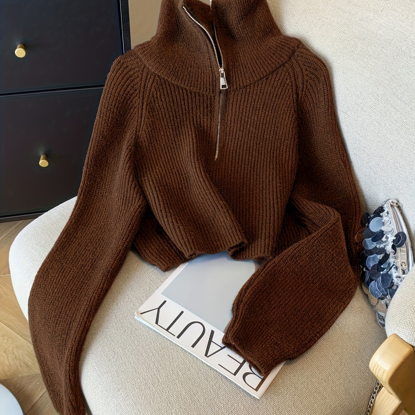 TEMU Short Designer Half-turtleneck Zipper Coffee Sweater For Women, New Winter High-waist Loose Thick Sweater, Camel Short High-waist Zipper Turn-