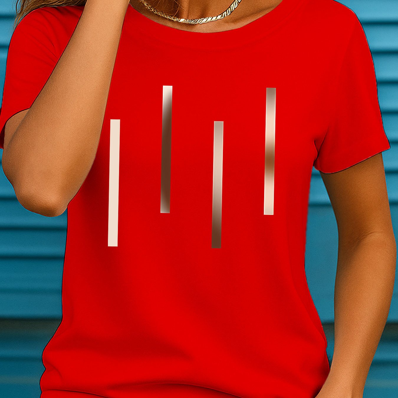 TEMU T-shirt et respirant à imprimé barres - T-shirt d'été décontracté à col rond et manches courtes pour femmes, II 897
