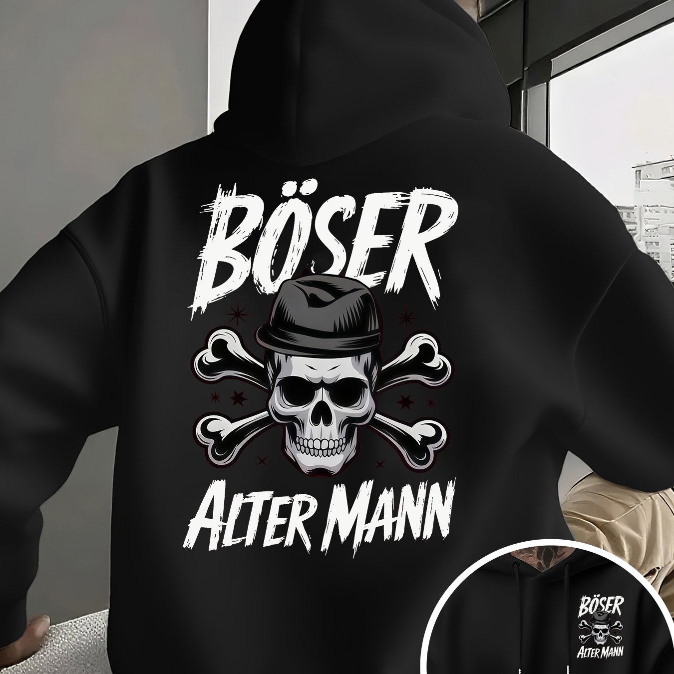 E-shop Herren Hoodie "Bad Old Man" - Gothic Style Pullover mit Totenkopf & Kreuzknochendruck, Kängurutasche, Ganzjahres Freizeit Streetwear Sweatshirt