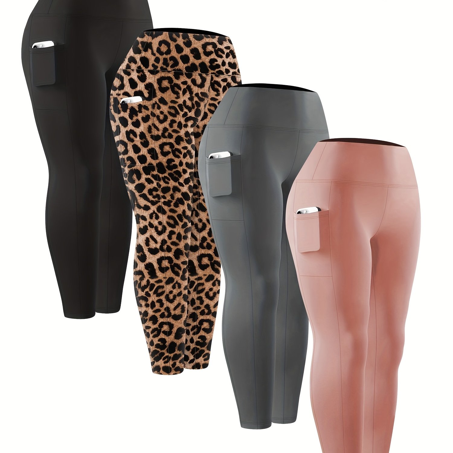 TEMU Women' Plus-size High-waisted Yoga Pants With Pockets - Full-length Workout Leggings, Non-sheer Stretch Fabric For - Yoga, Pilates, Gym & Casual Wear - Solid Color (machine Washable)