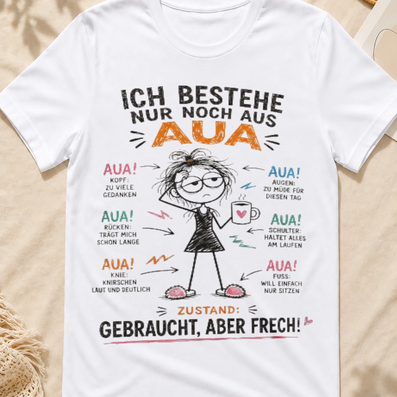 Image of Spy Cartoon Woman Heart Drink Body-pain Arrows And German Aua T-shirt With Used But Cheek Text Unisex All T-shirt