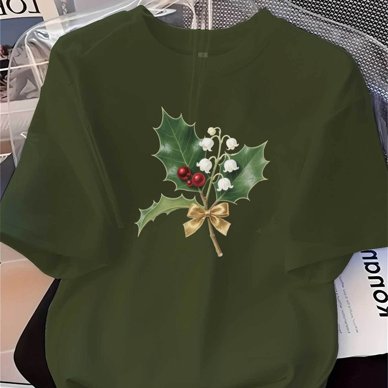 TEMU Women's Fashion Printed Top, Soft And Versatile With Christmas Holly Leaf Pattern