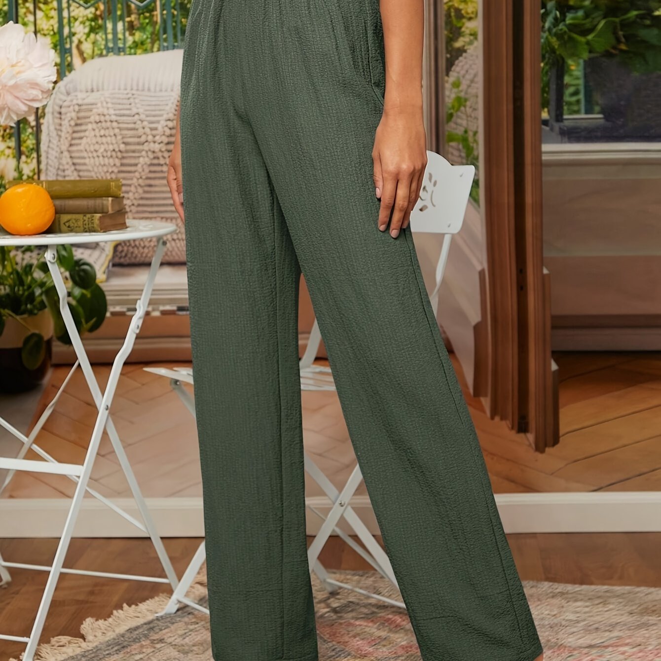 TEMU Elegant Solid Color Straight-leg Pants With Waistband - Machine Washable, Polyester, Women', For Autumn, Spring