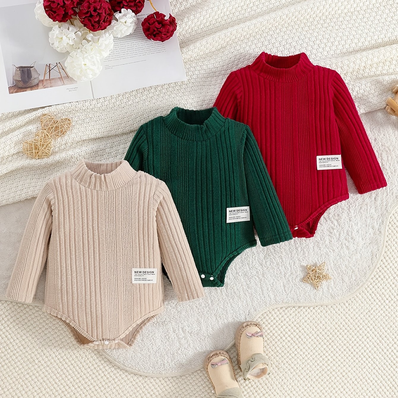 TEMU Set di tre body, body a inverno, body rossi, body, body , body a maniche lunghe , abbigliamento per bambini, per esterni