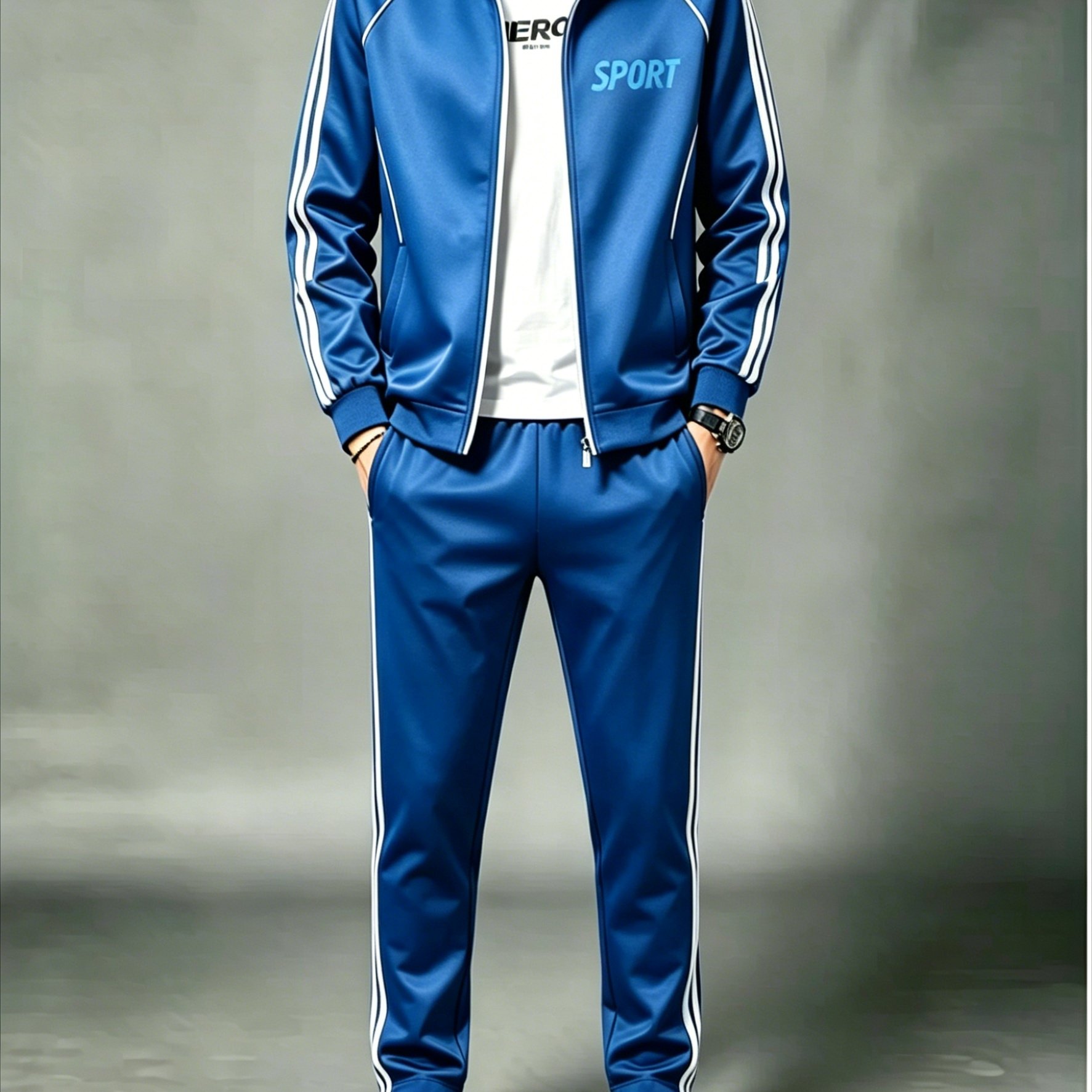 Image of Men's Polyester Stand Collar Cardigan Set Casual Sports Royal Blue 2pcs Outfit With White Side Stripes And Sport Print