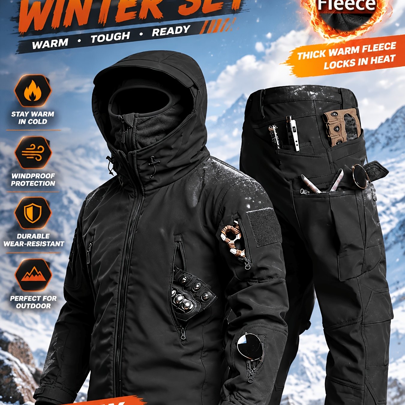 Men's Multi-Pocket Softshell Jacket & Cargo Pants Set with Face Mask