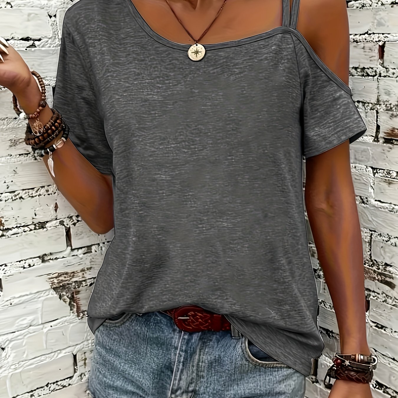 TEMU Gray Short-sleeve Top For Women With A Single Shoulder Design, A Relaxed Casual T-shirt Perfect For Daily Wear